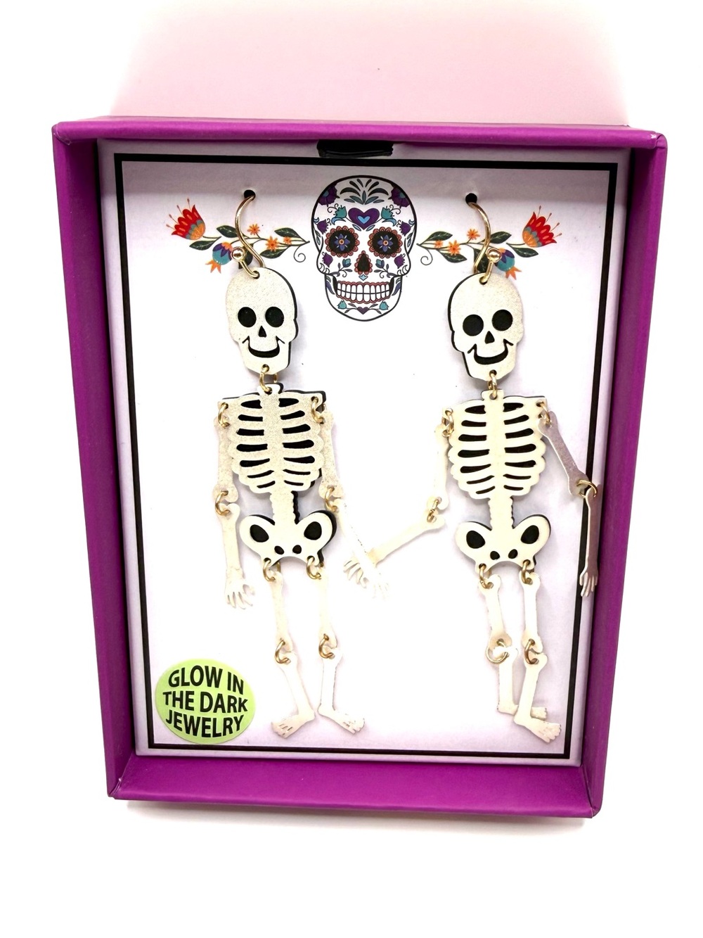 Glow-in-the-Dark Skeleton Dangle Earrings - White